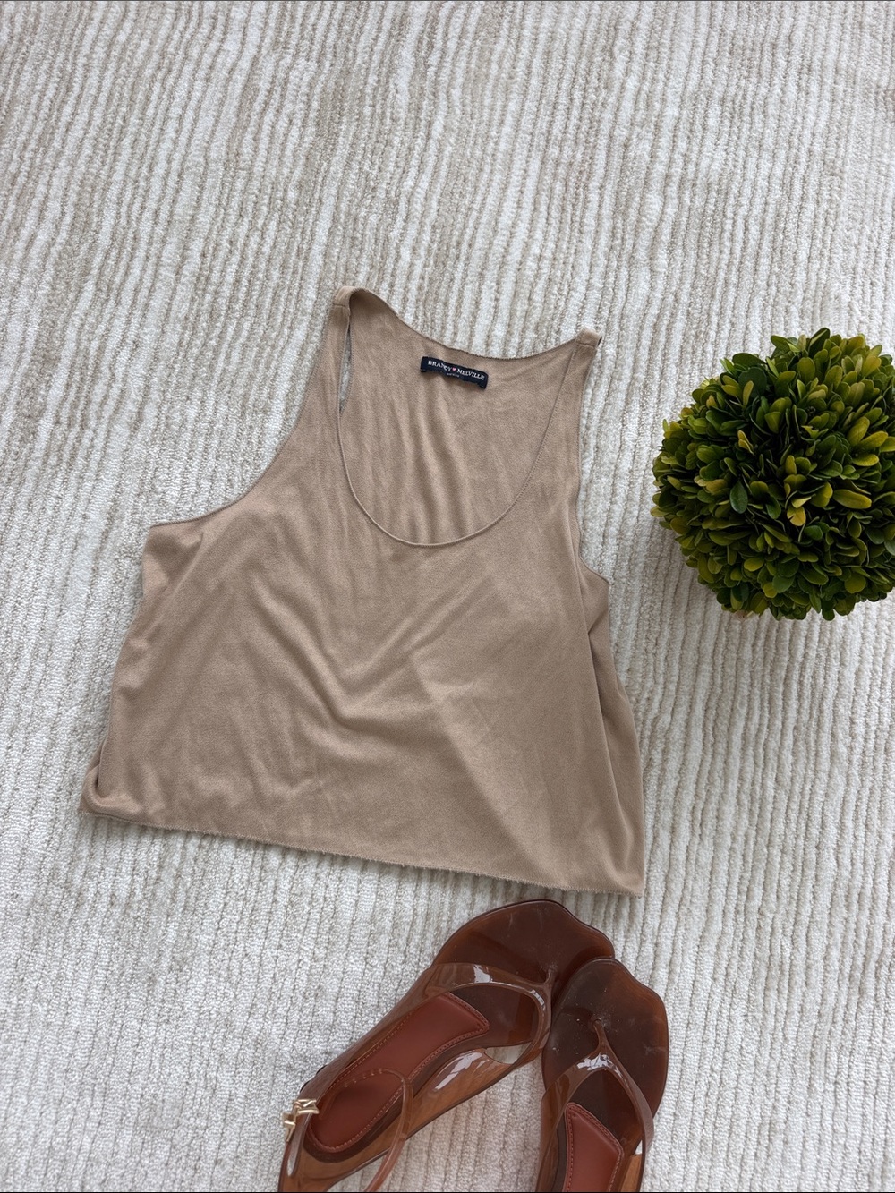 Brandy Melville Beige Faux Suede Scoop Neck Tank Top OS